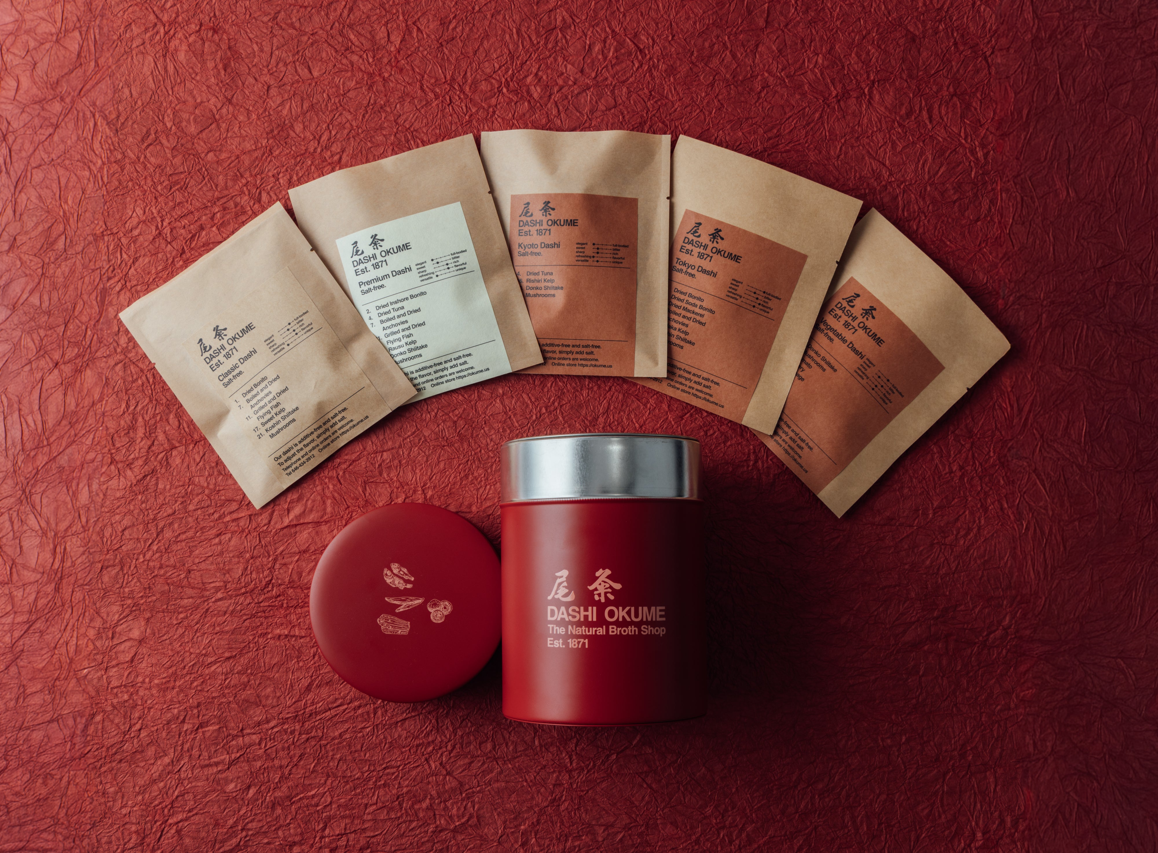 Okume Dashi Canister with Assorted Dashi Packs